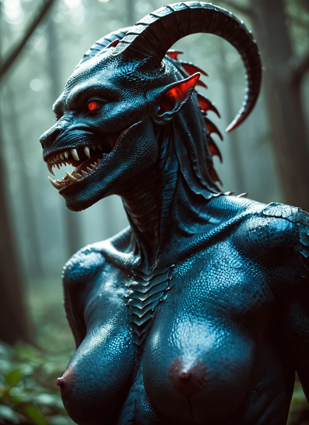 1girl, breasts, nipples, teeth, solo, horns · Yamete.gg