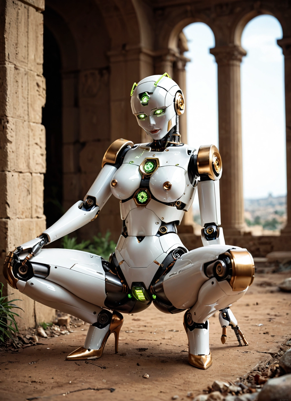 1girl, solo, squatting, high heels, green eyes, robot joints · Yamete.gg