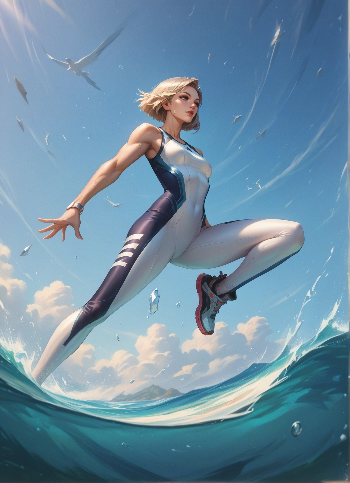 1girl, blonde hair, solo, short hair, shoes, bird