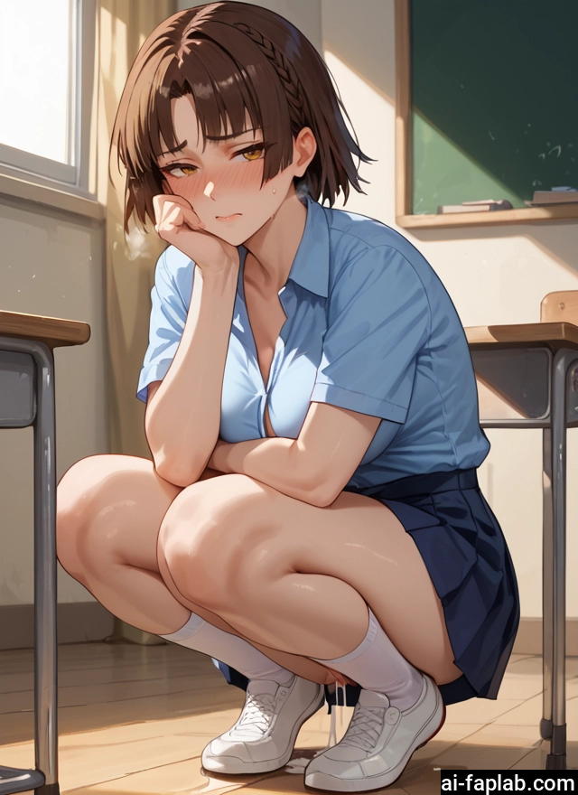 1girl, skirt, blush, squatting, breasts, solo