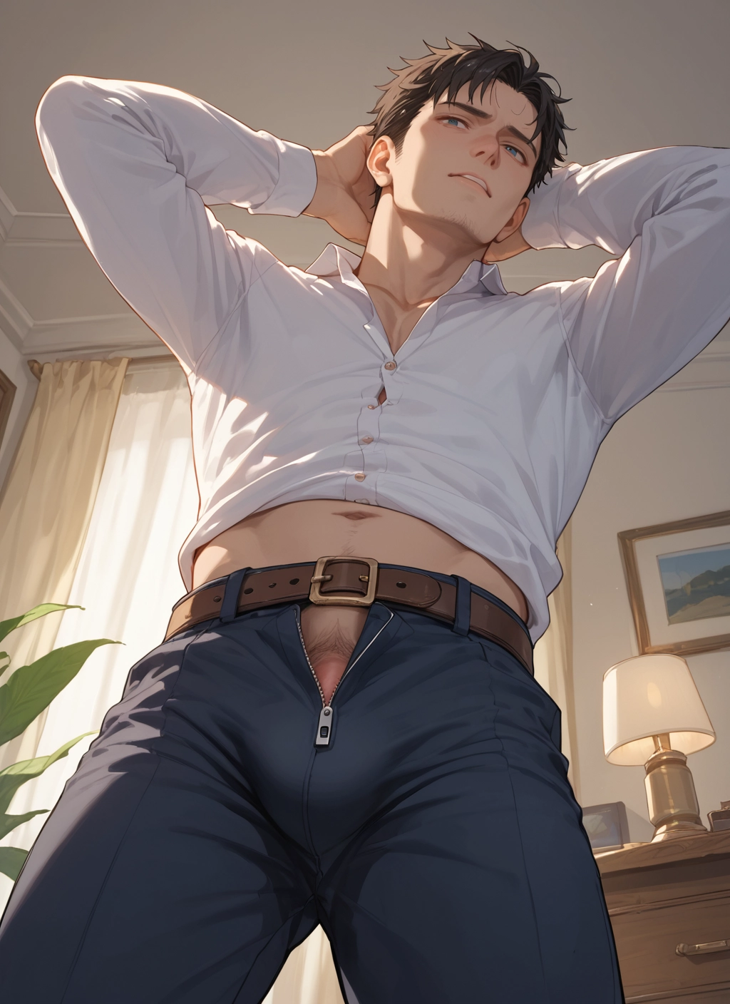 male focus, 1boy, solo, pants, shirt, navel · Yamete.gg