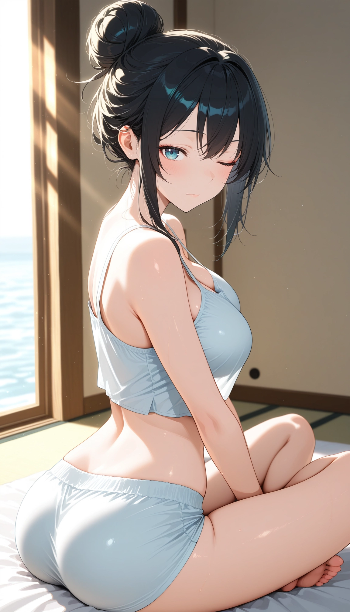 1girl, breasts, solo, ass, one eye closed, sitting · Yamete.gg