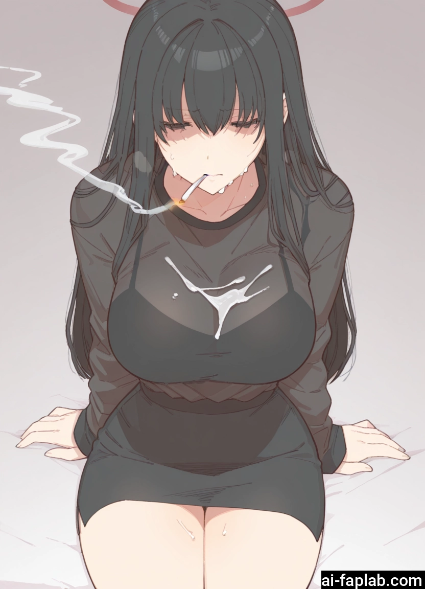 1girl, cigarette, black hair, breasts, long hair, solo · Yamete.gg
