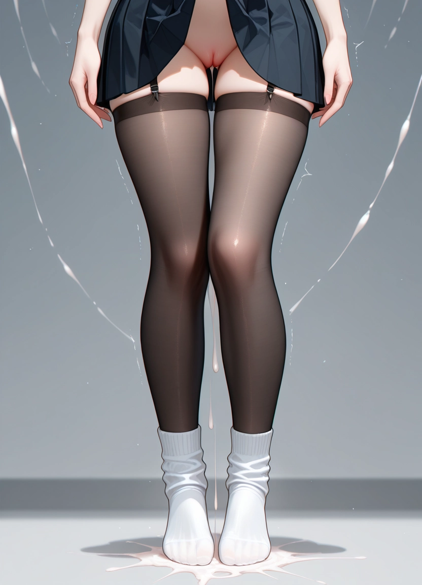 solo, 1girl, skirt, thighhighs, lower body, no panties
