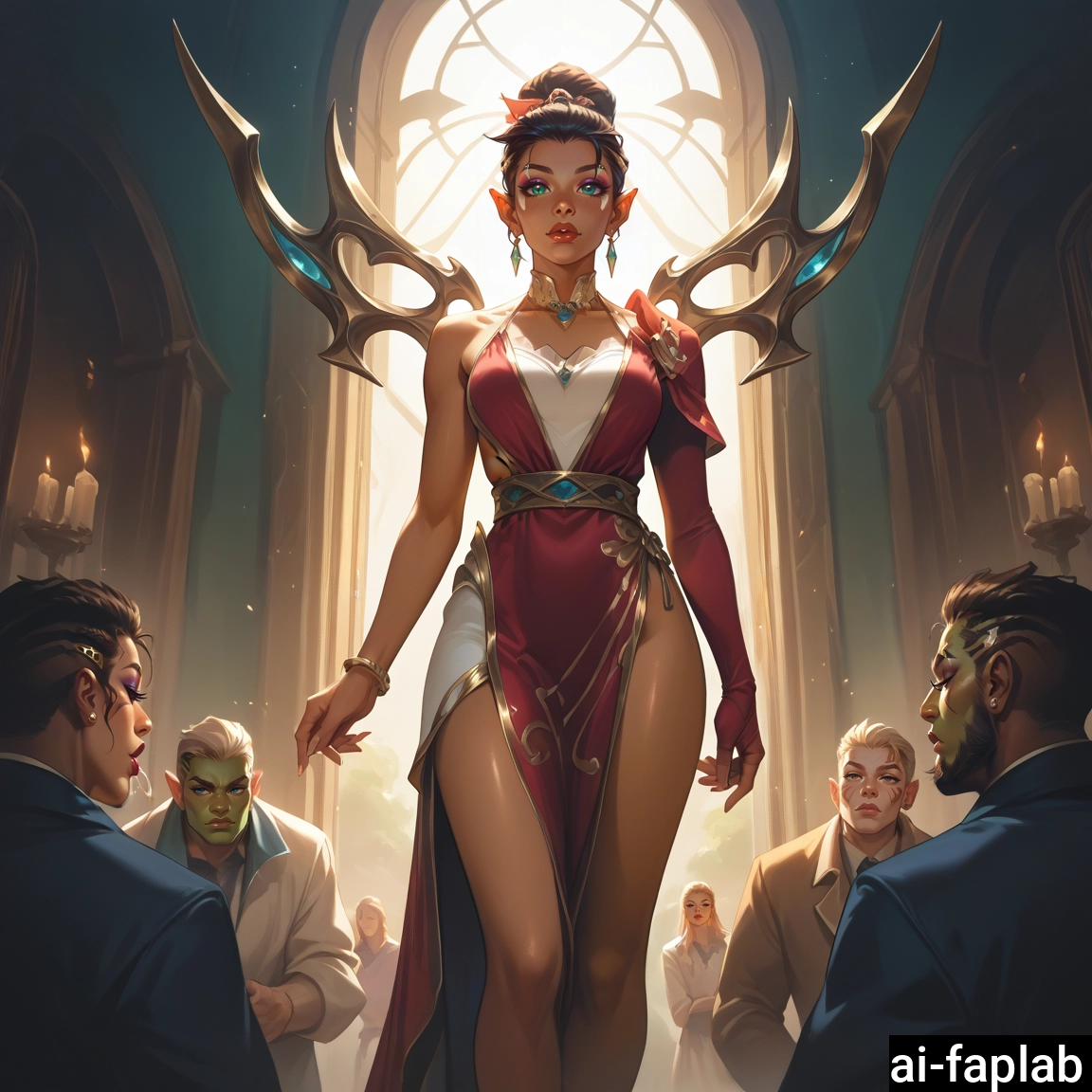 jewelry, dress, multiple boys, earrings, black hair, pointy ears · Yamete.gg