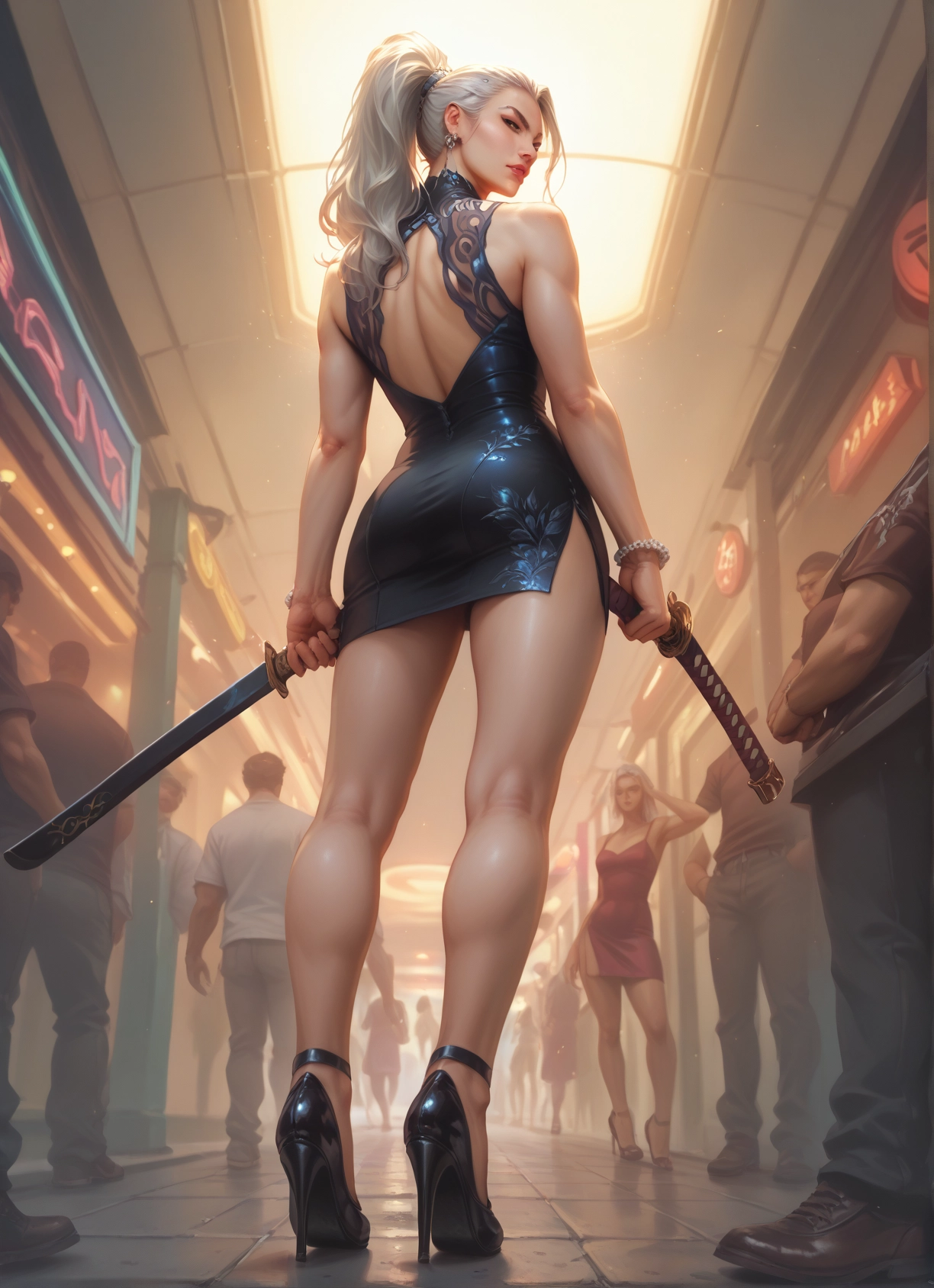 weapon, sword, dress, high heels, jewelry, ass · Yamete.gg