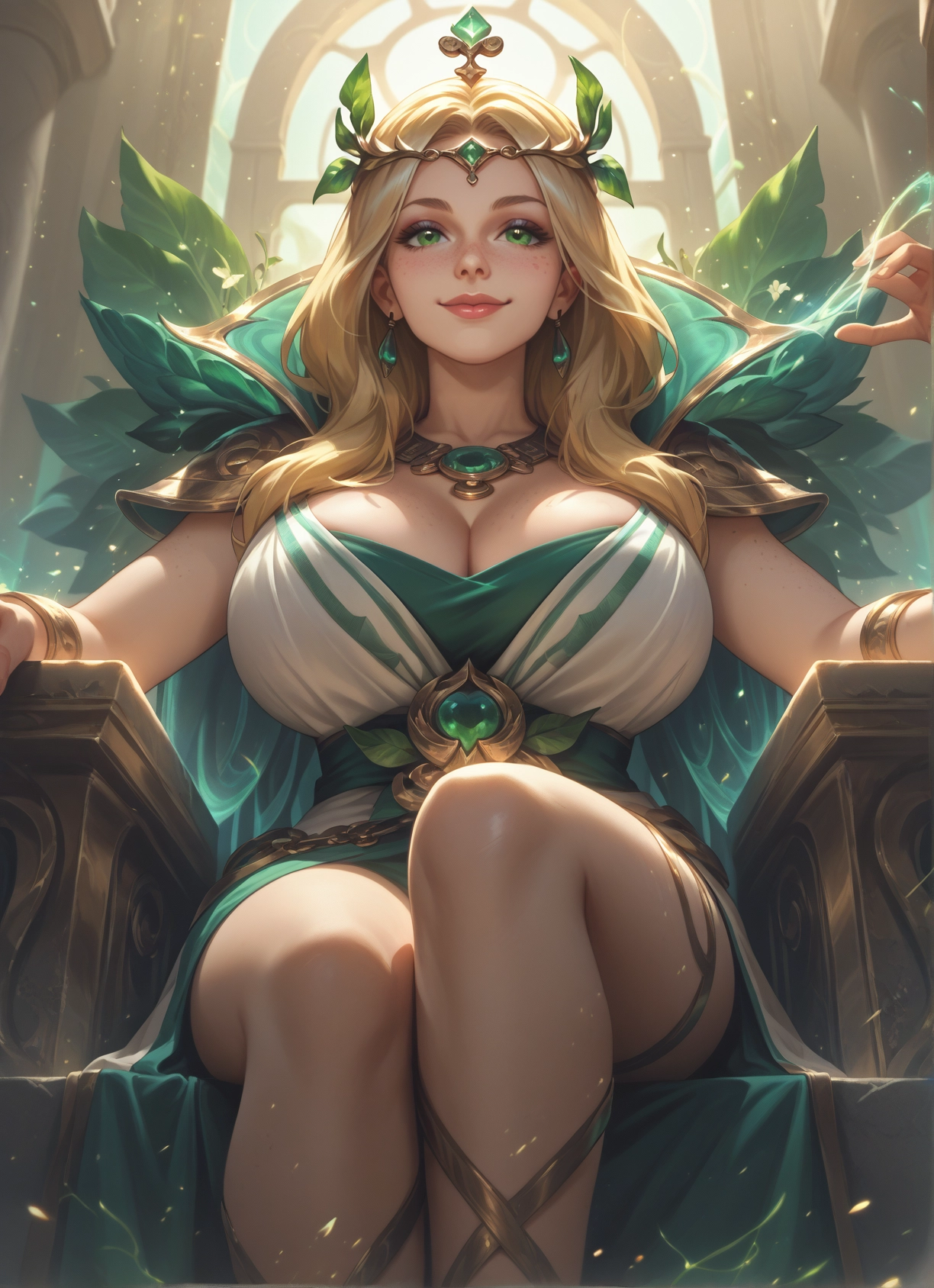 1girl, breasts, jewelry, green eyes, blonde hair, sitting · Yamete.gg