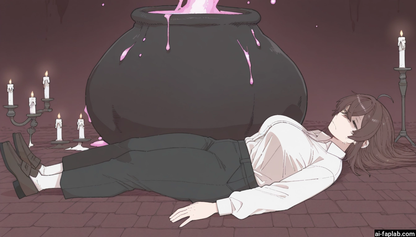 1girl, shirt, candle, cauldron, lying, solo