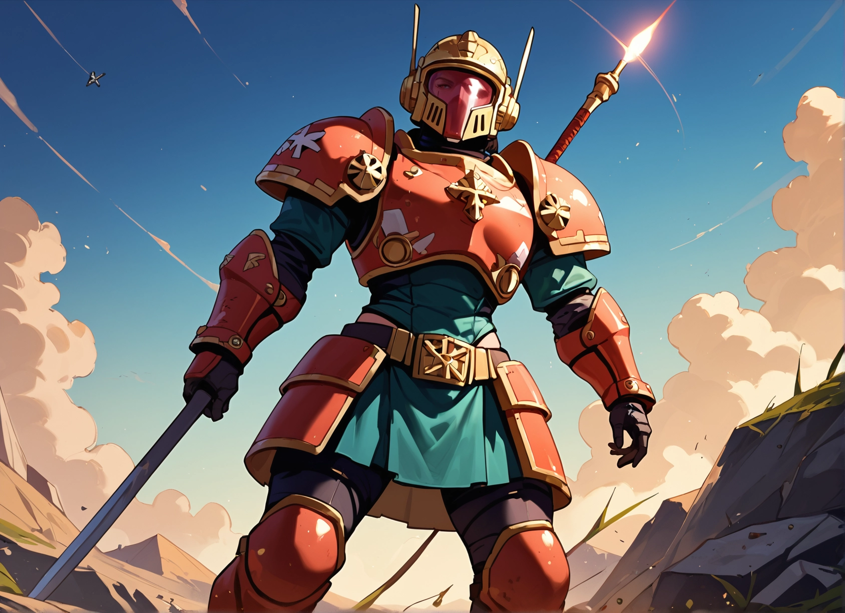 weapon, armor, sword, helmet, solo, 1boy · Yamete.gg