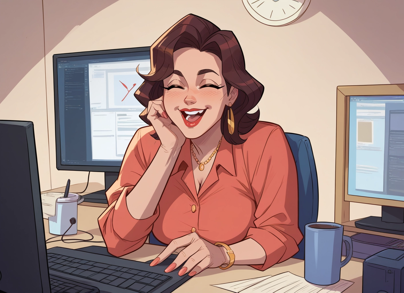 1girl, jewelry, breasts, earrings, cup, brown hair · Yamete.gg