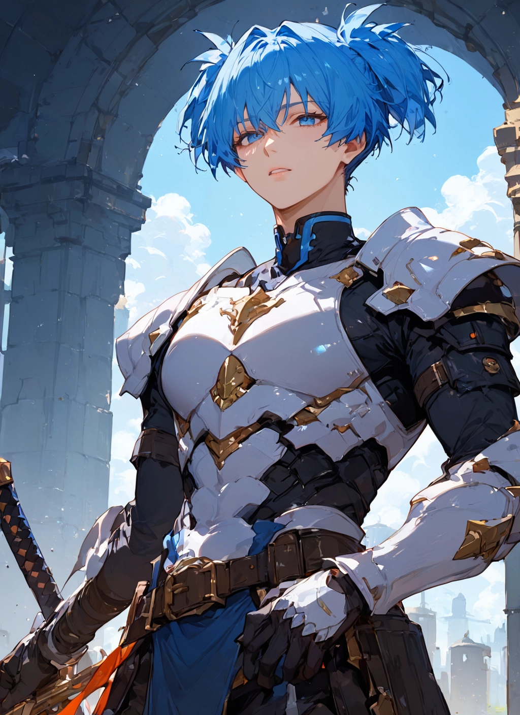 weapon, armor, blue eyes, 1girl, sword, blue hair · Yamete.gg