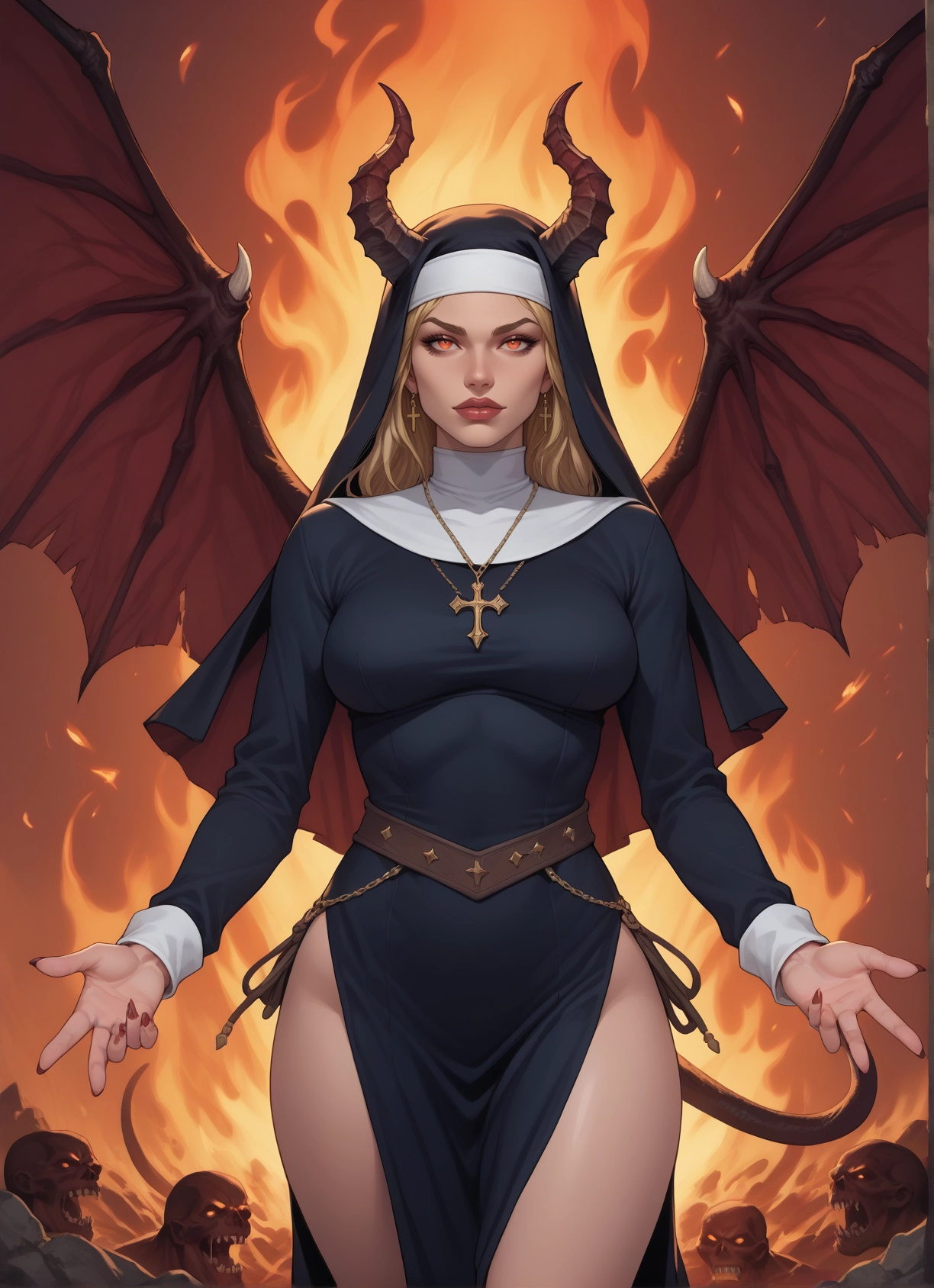 1girl, horns, wings, nun, tail, jewelry · Yamete.gg