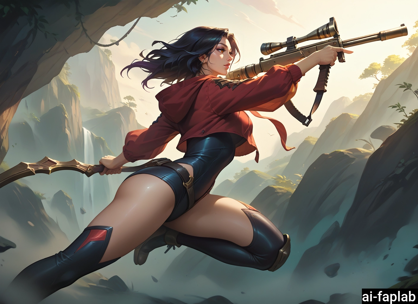 1girl, weapon, solo, thighhighs, gun, rifle