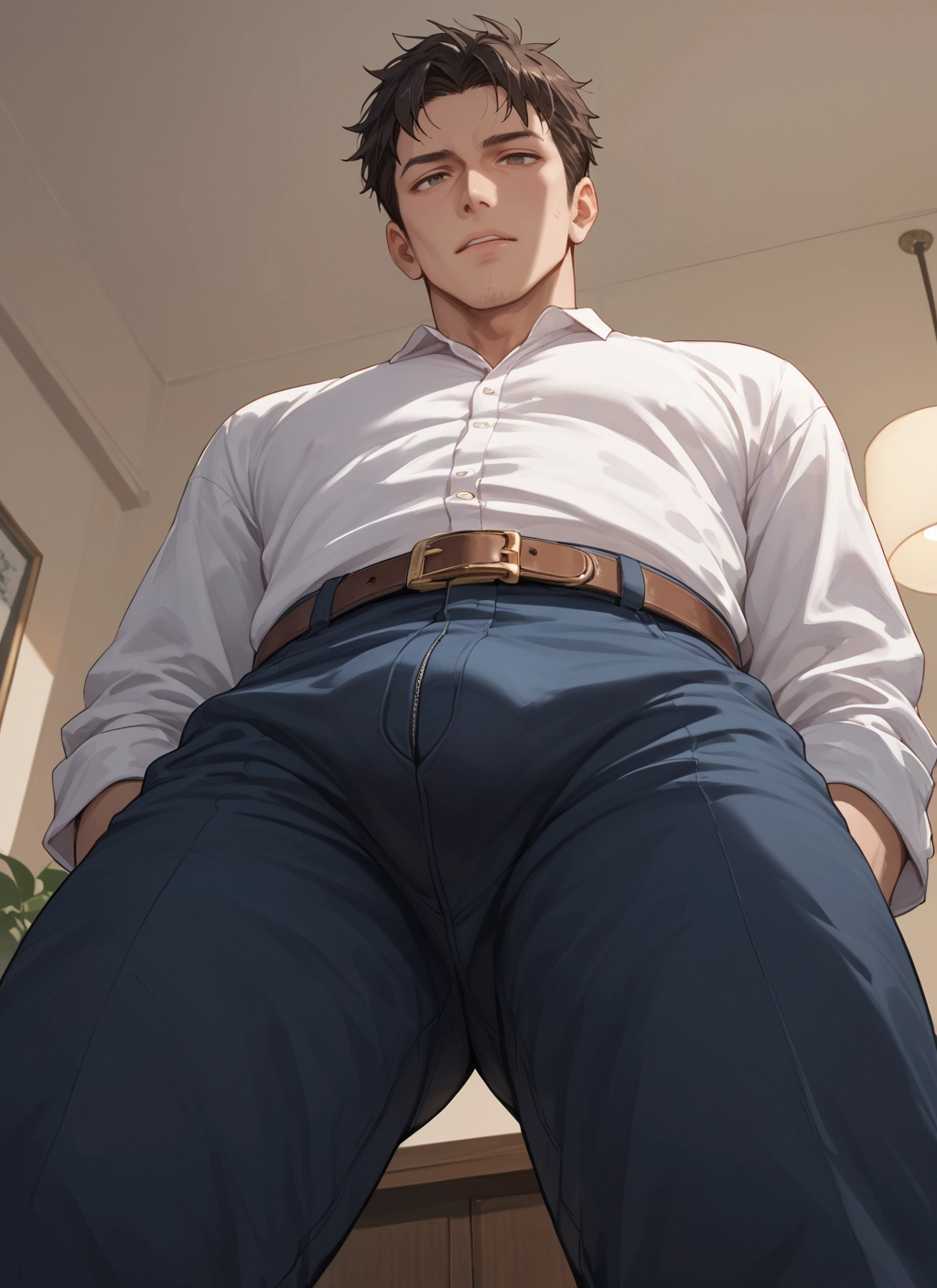 male focus, 1boy, solo, pants, shirt, bulge · Yamete.gg