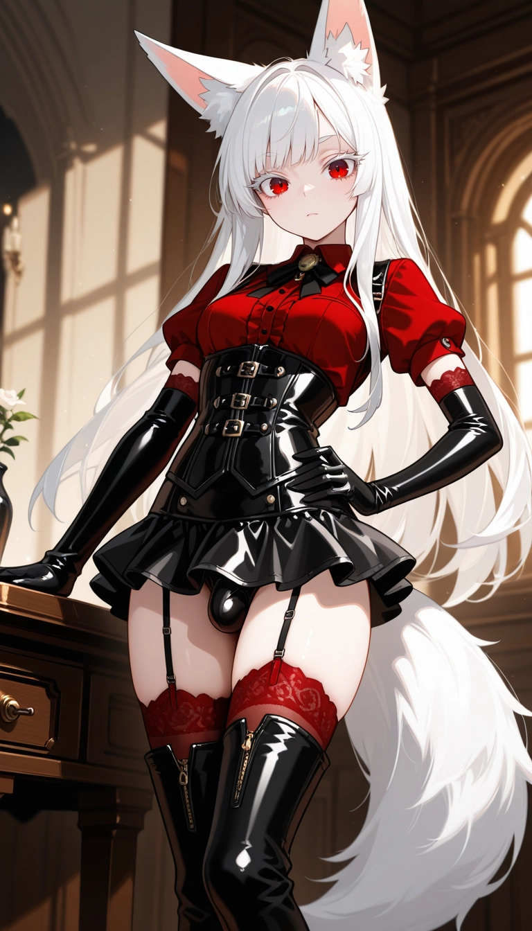 gloves, red thighhighs, solo, garter straps, thighhighs, elbow gloves · Yamete.gg