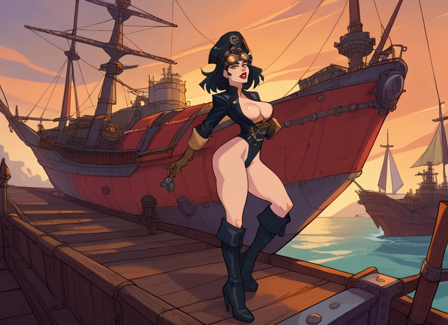 1girl, breasts, boots, hat, gloves, watercraft