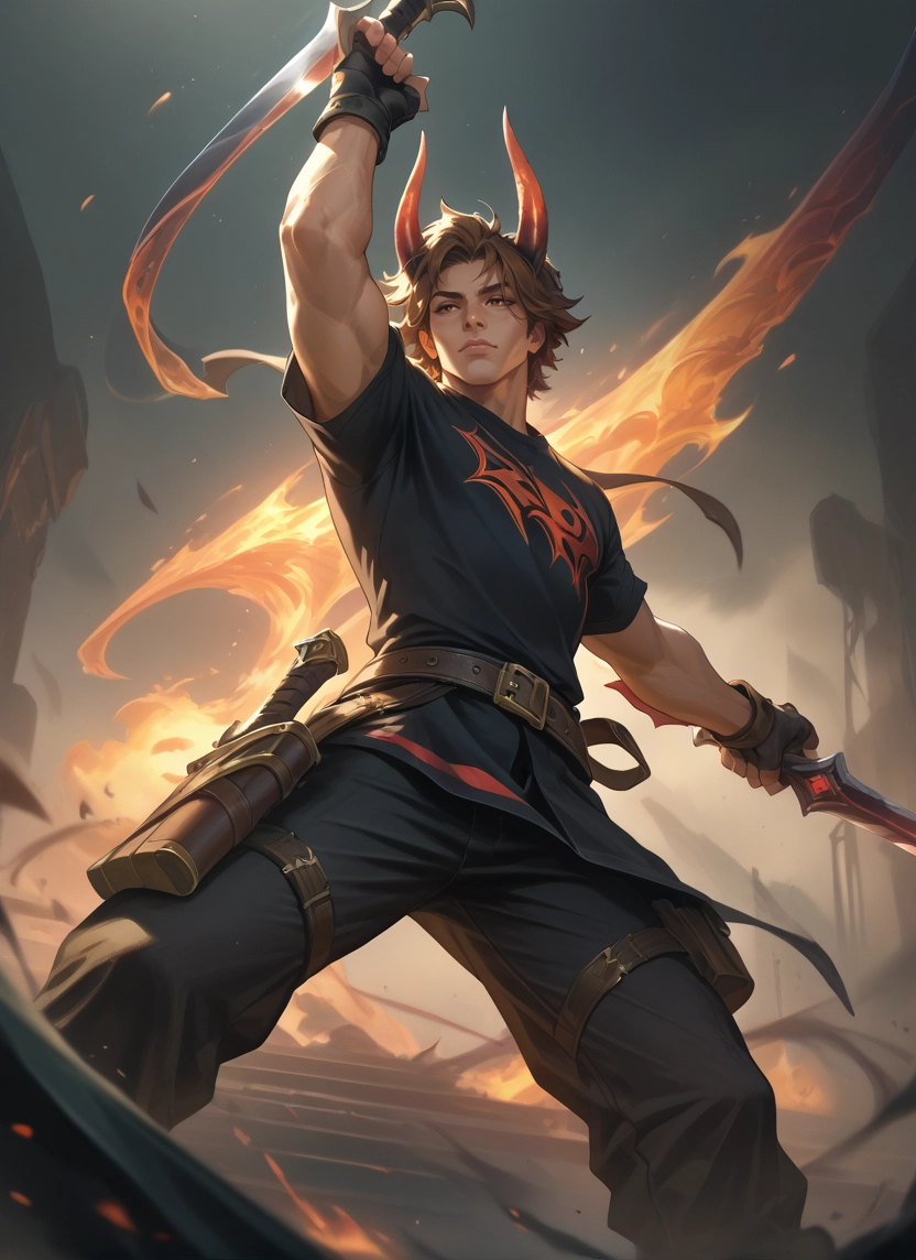 bara, 1boy, male focus, horns, weapon, holding · Yamete.gg