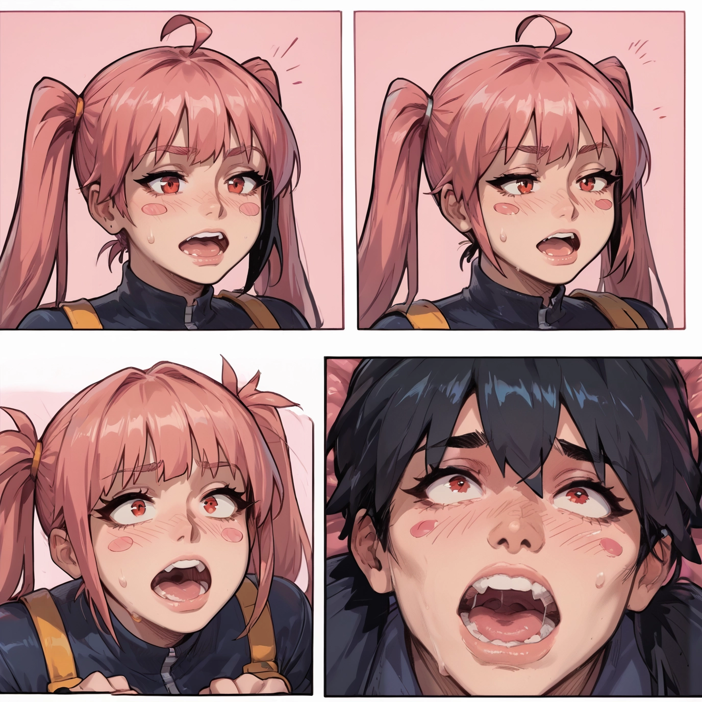 twintails, open mouth, red eyes, ahoge, blush stickers, black hair · Yamete.gg