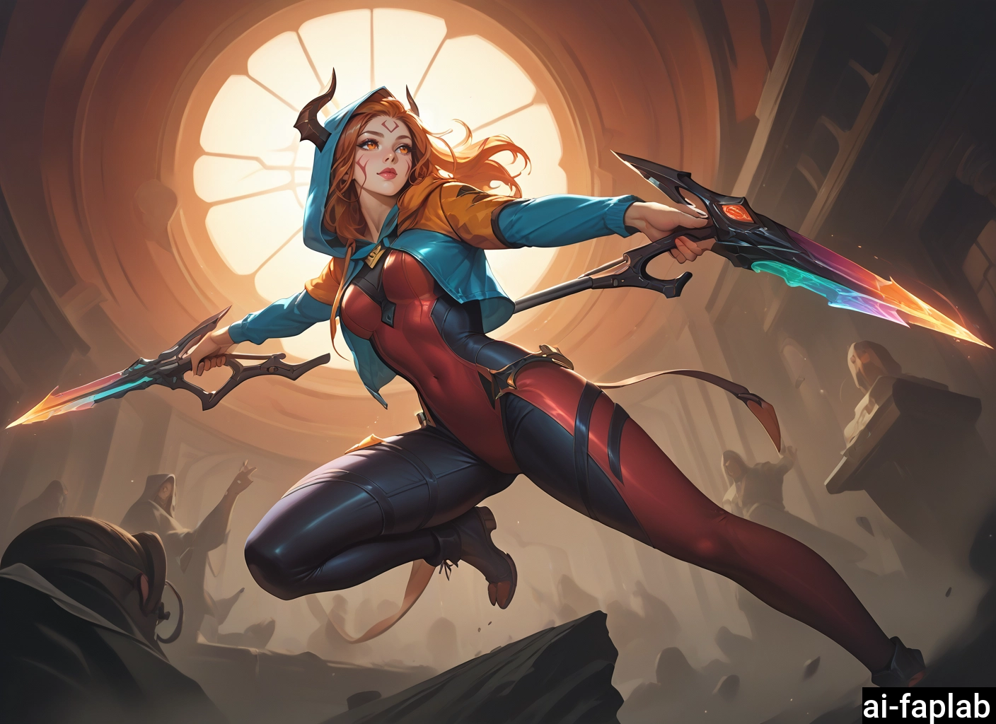 1girl, holding, dual wielding, hood, weapon, jacket