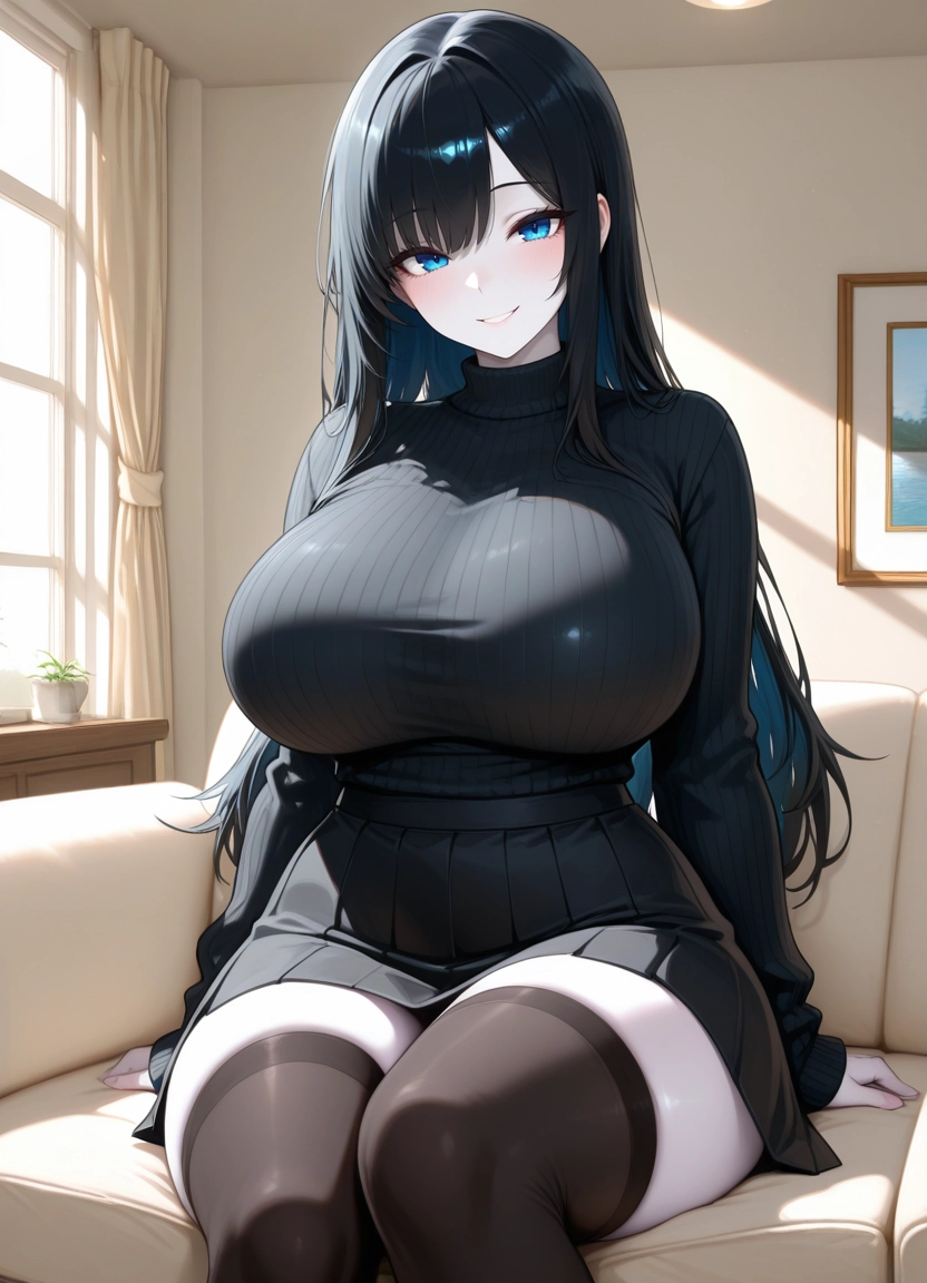 1girl, breasts, thighhighs, solo, blue eyes, black hair · Yamete.gg