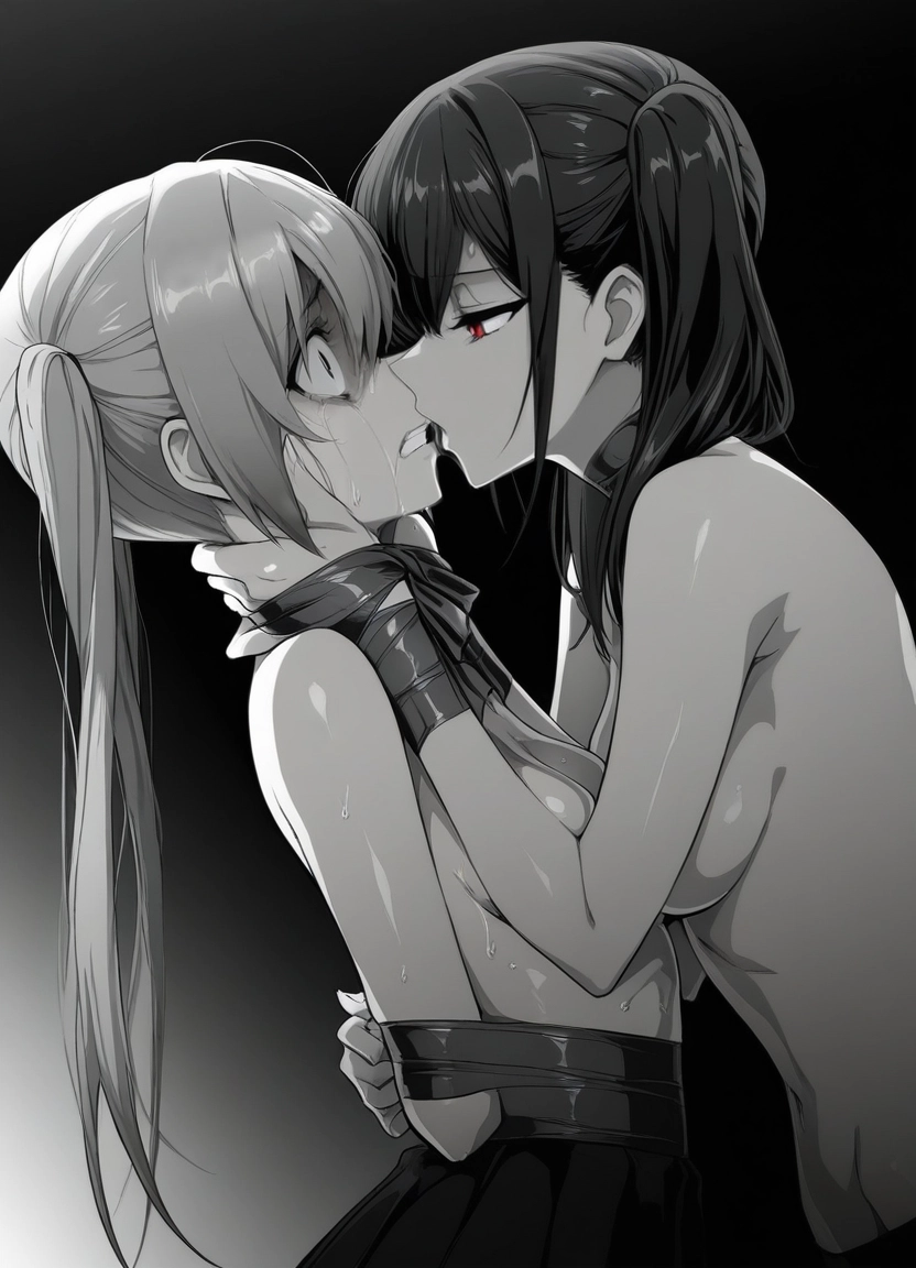 breasts, 2girls, multiple girls, twintails, red eyes, yuri · Yamete.gg