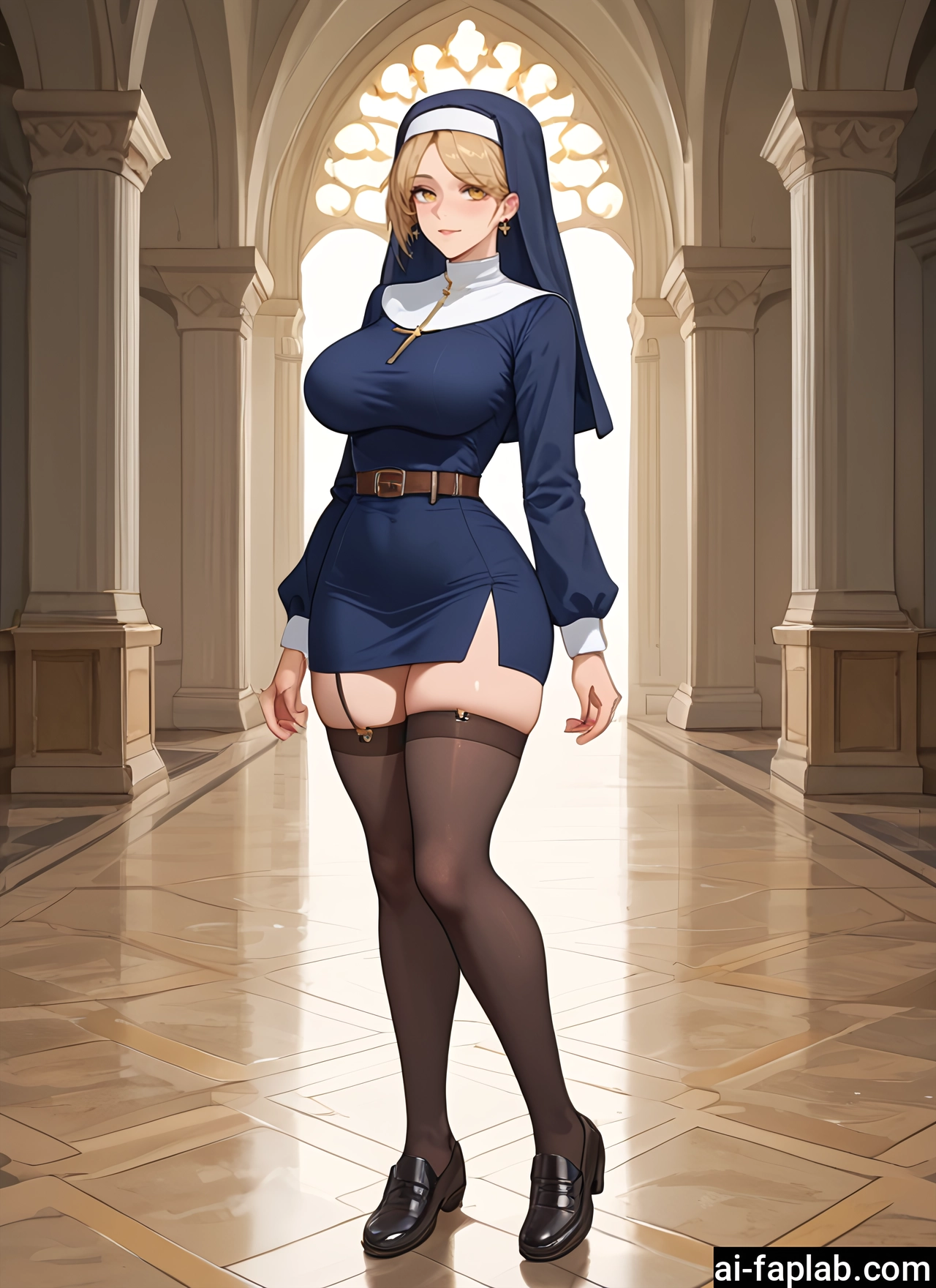 1girl, thighhighs, breasts, nun, large breasts, solo