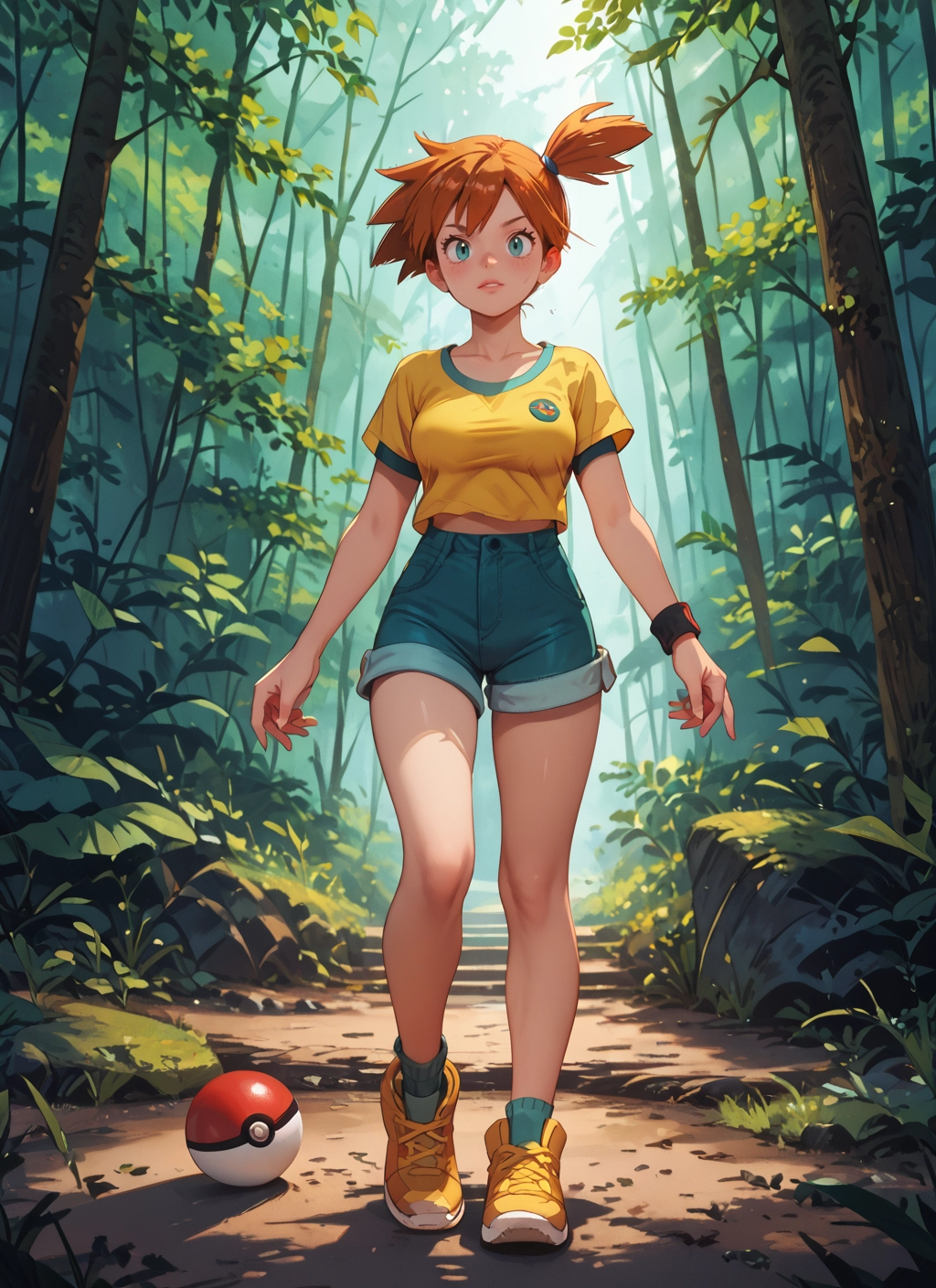 1girl, shorts, solo, orange hair, side ponytail, shirt · Yamete.gg