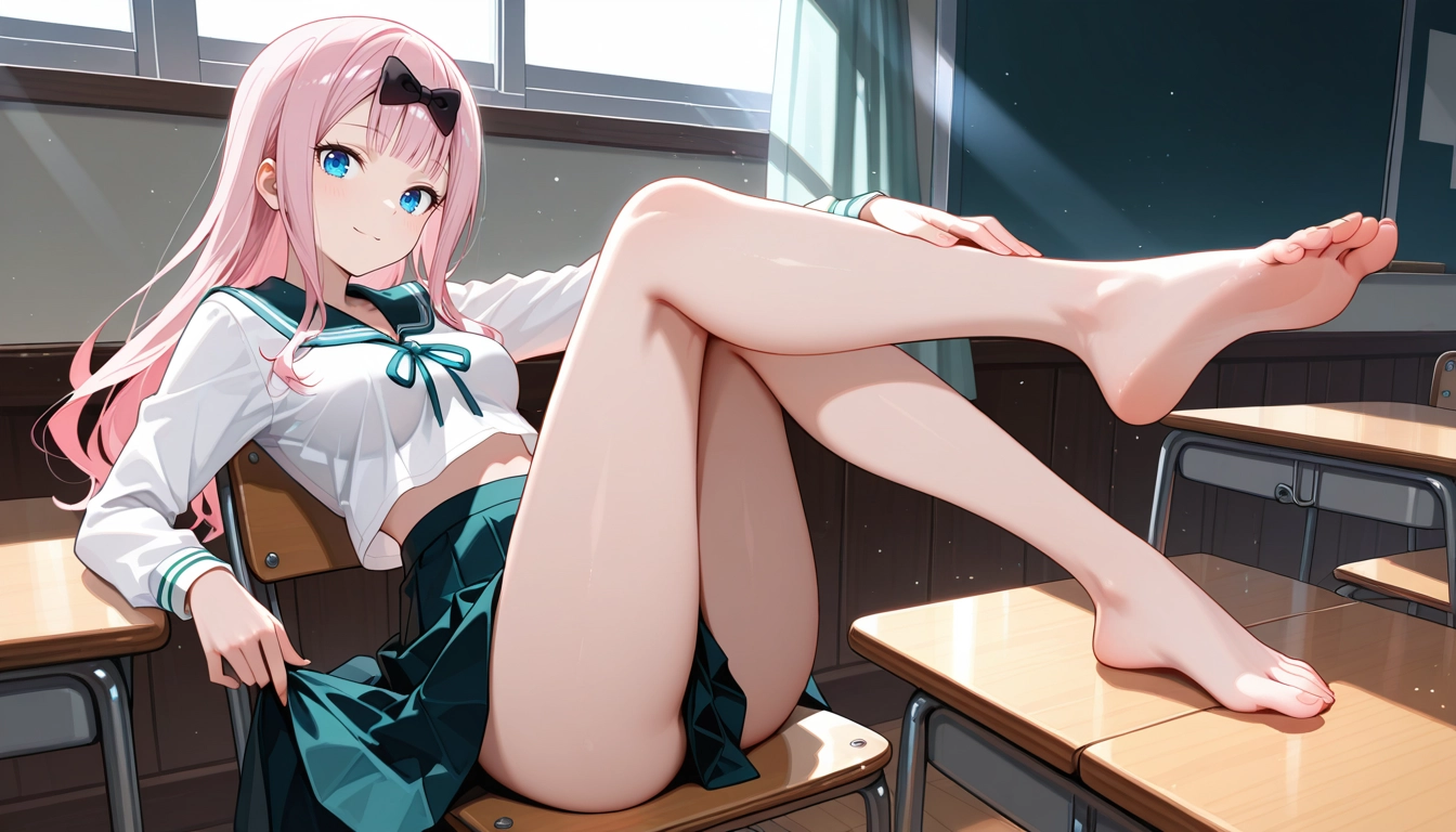 1girl, barefoot, skirt, pink hair, school uniform, blue eyes · Yamete.gg