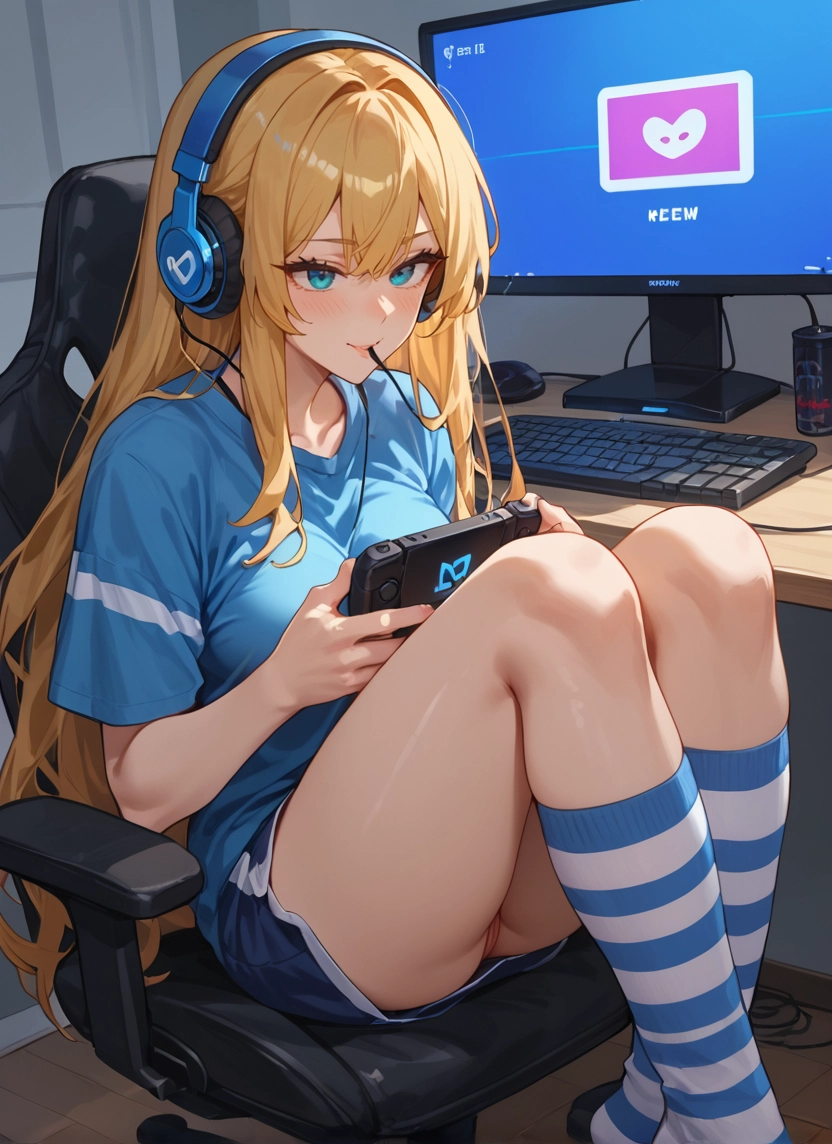 1girl, long hair, blonde hair, solo, headphones, striped · Yamete.gg