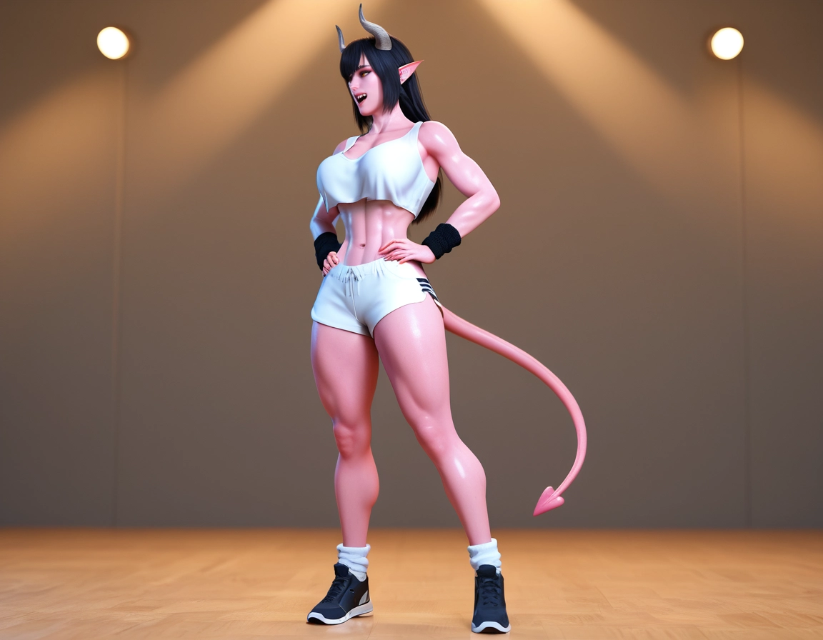 futanari, 1girl, solo, tail, horns, breasts · Yamete.gg