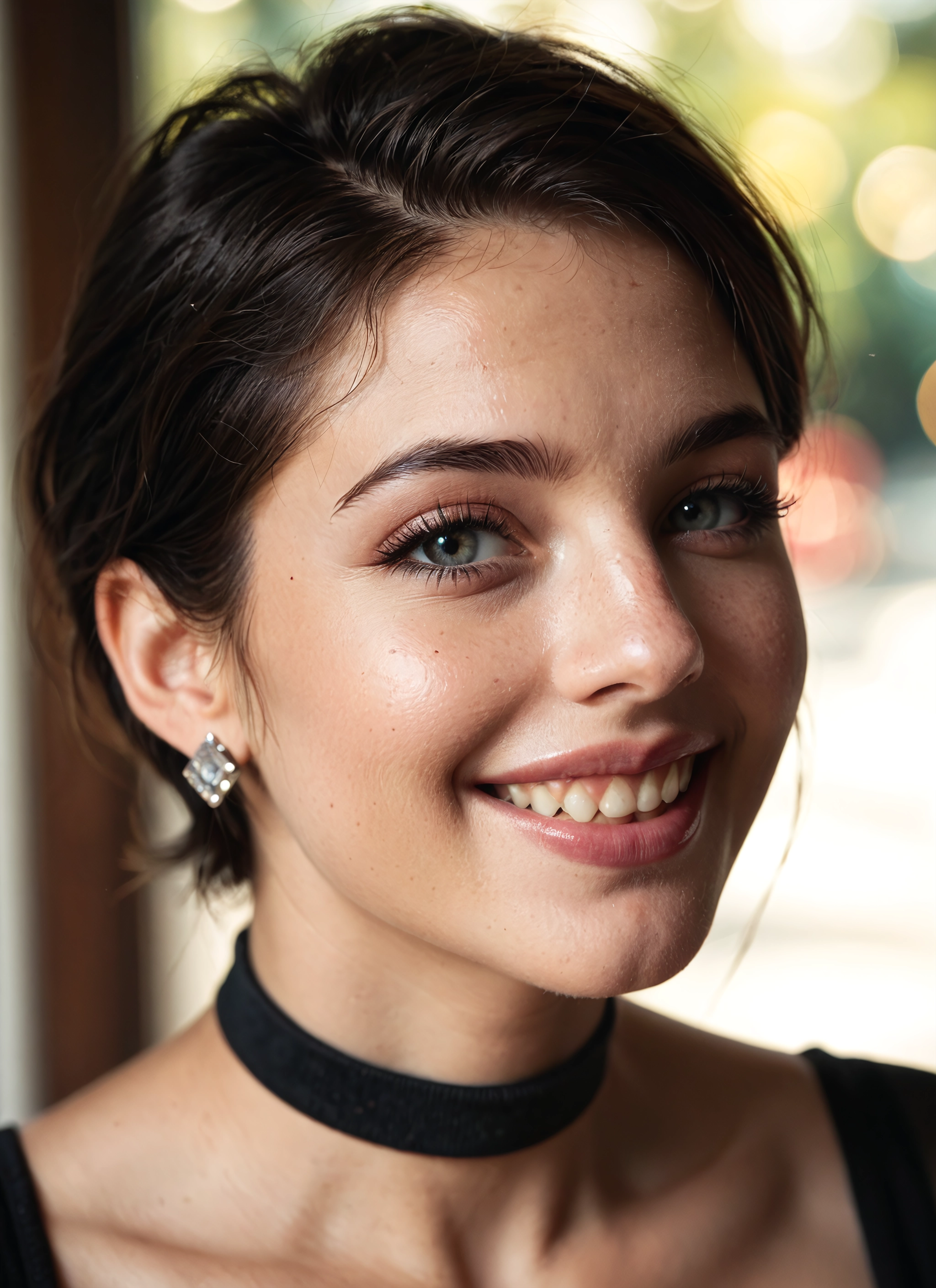 1girl, solo, jewelry, earrings, choker, teeth · Yamete.gg