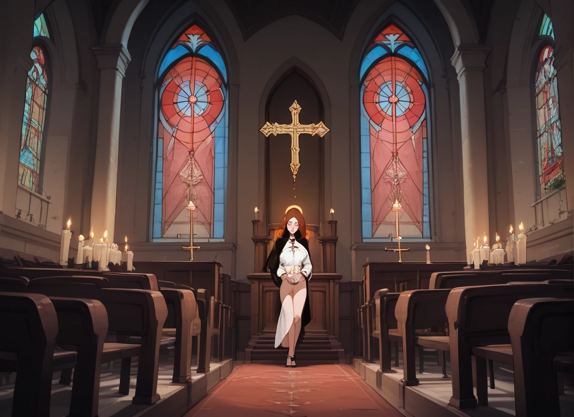 1girl, candle, nun, stained glass, cross, solo · Yamete.gg