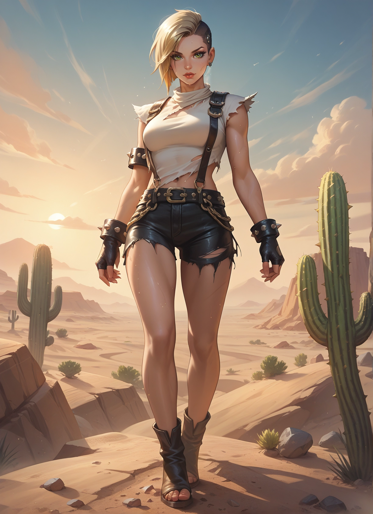 1girl, gloves, blonde hair, fingerless gloves, solo, cactus · Yamete.gg