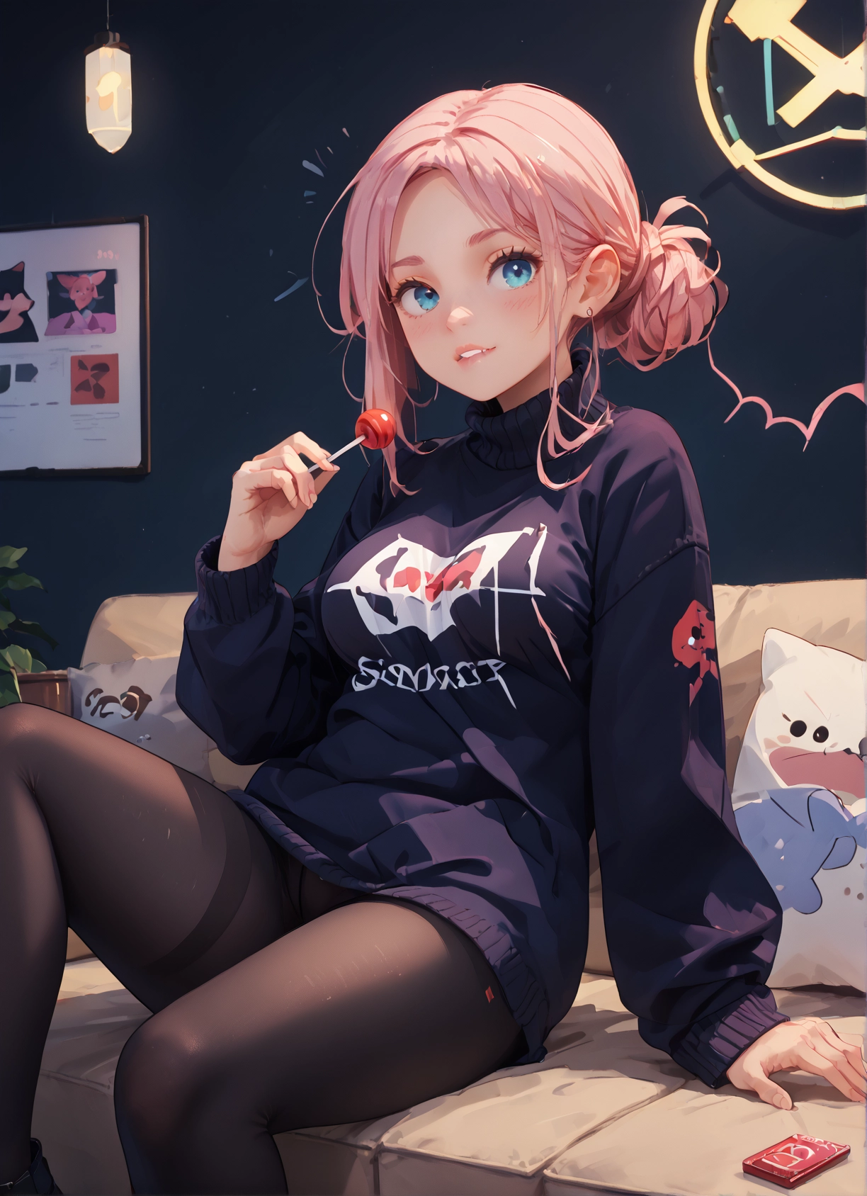 1girl, pantyhose, food, candy, lollipop, blue eyes · Yamete.gg