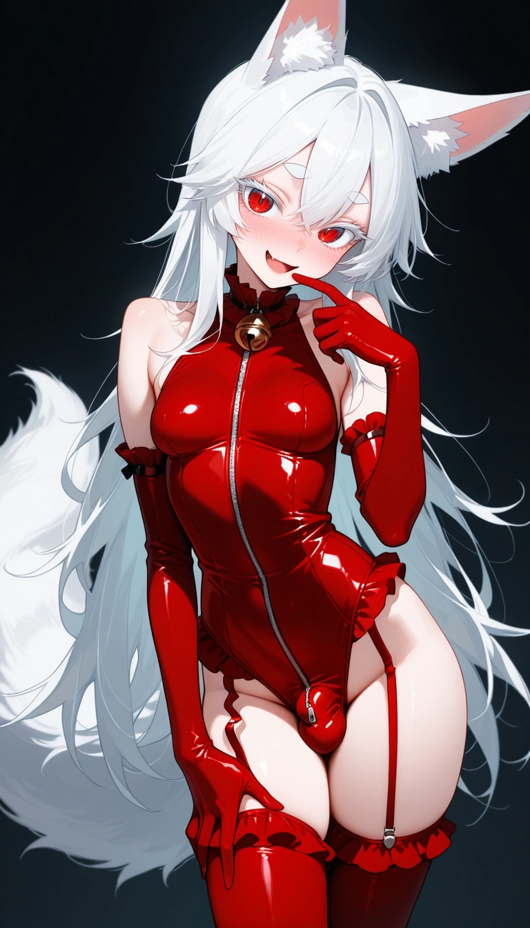 red thighhighs, gloves, solo, red eyes, animal ears, thighhighs