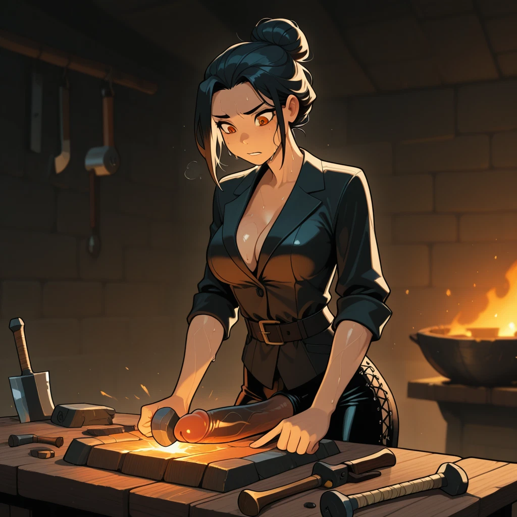 futanari, 1girl, breasts, solo, black hair, cleavage · Yamete.gg