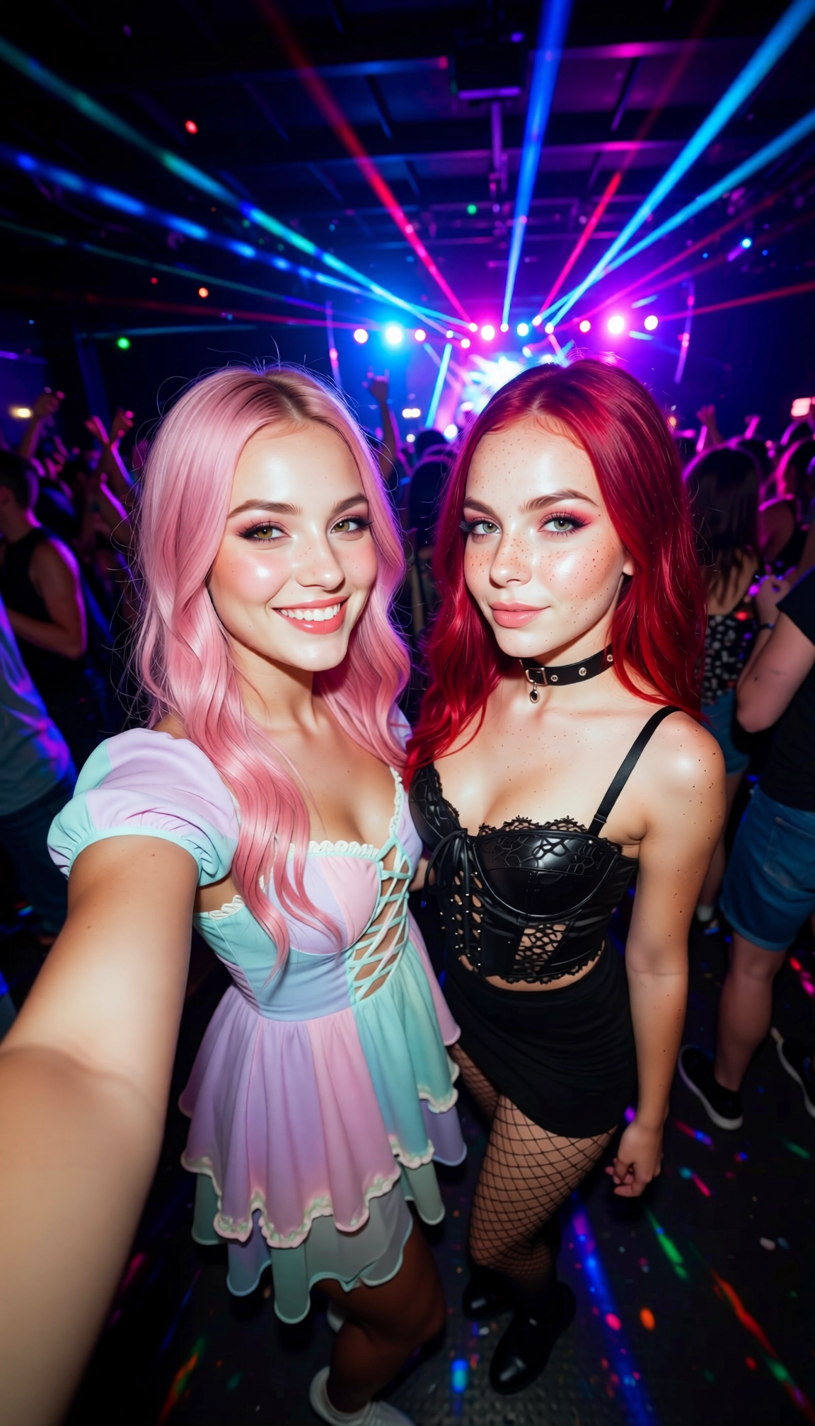 multiple girls, fishnets, breasts, cleavage, choker, smile · Yamete.gg