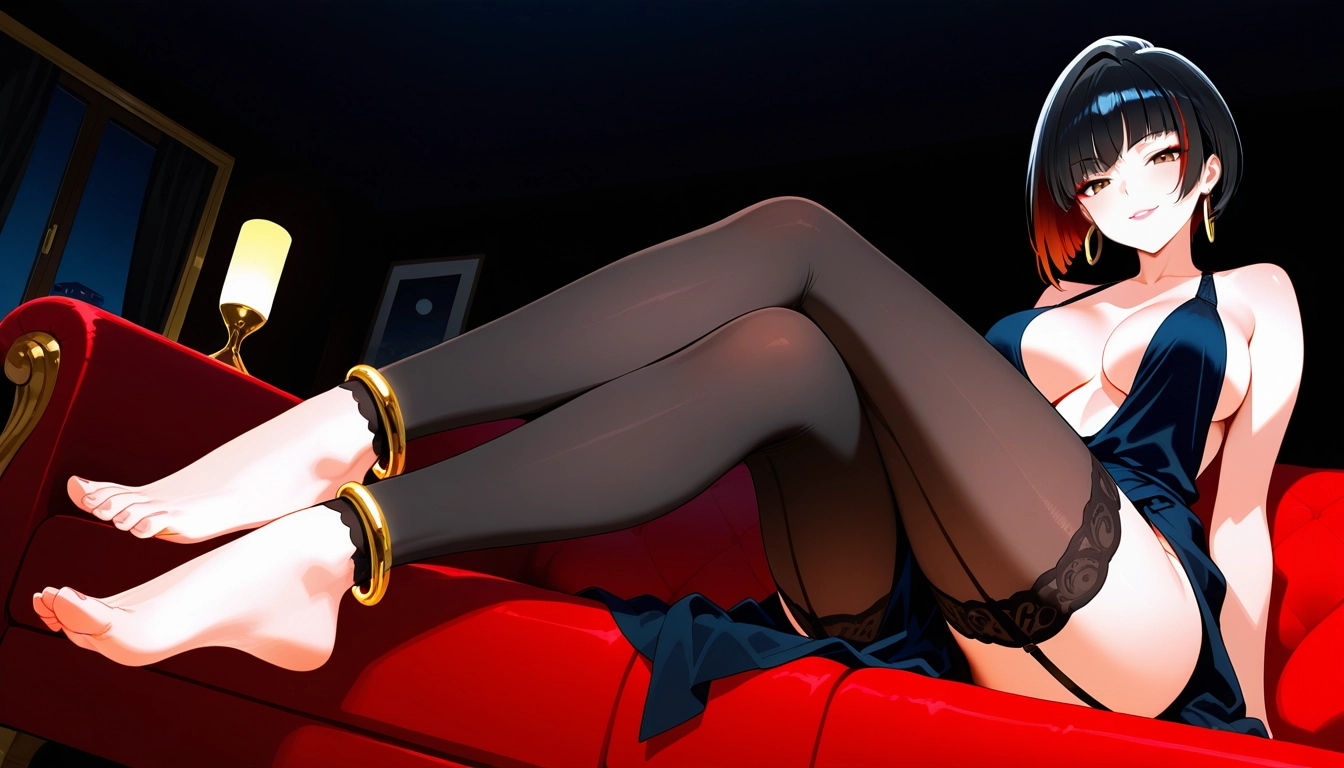 1girl, breasts, jewelry, feet, green eyes, thighhighs · Yamete.gg