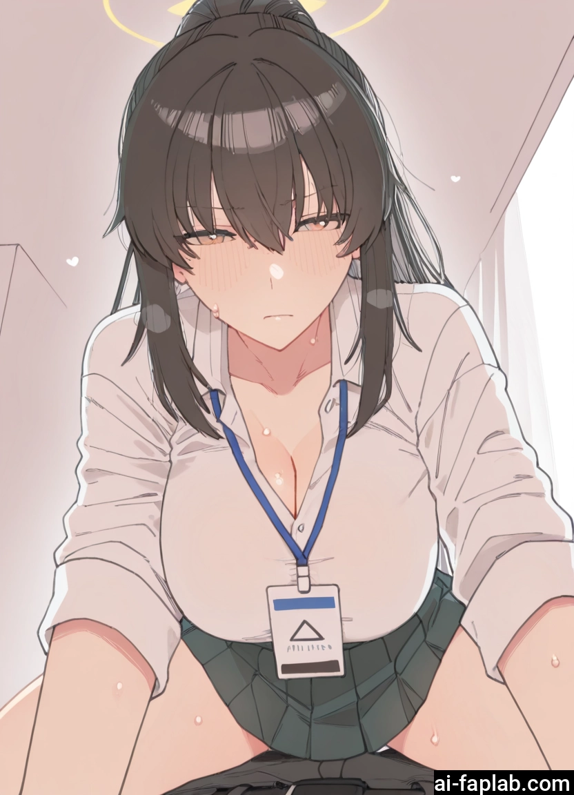 breasts, 1girl, skirt, cleavage, halo, large breasts