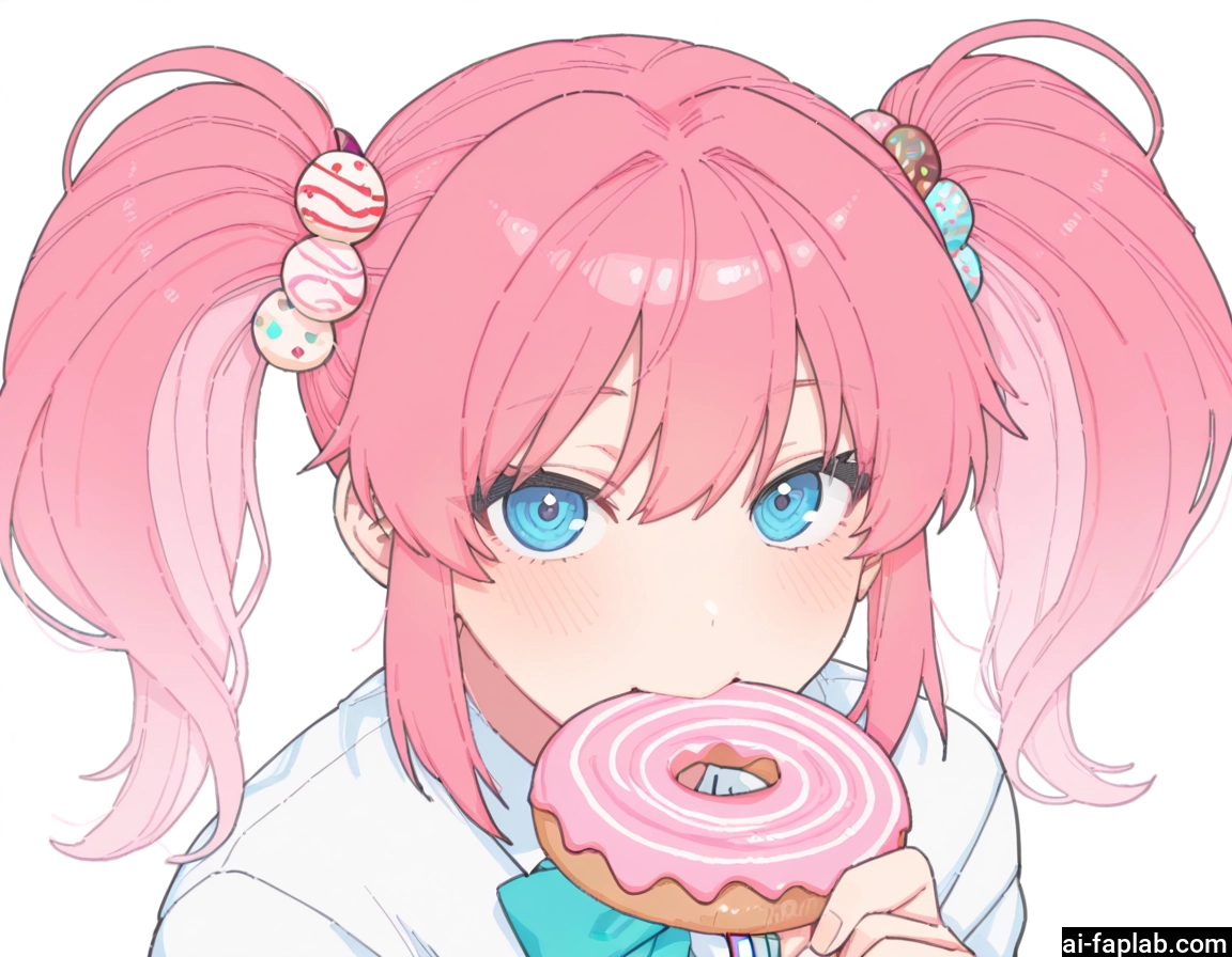 1girl, solo, twintails, food, blue eyes, pink hair