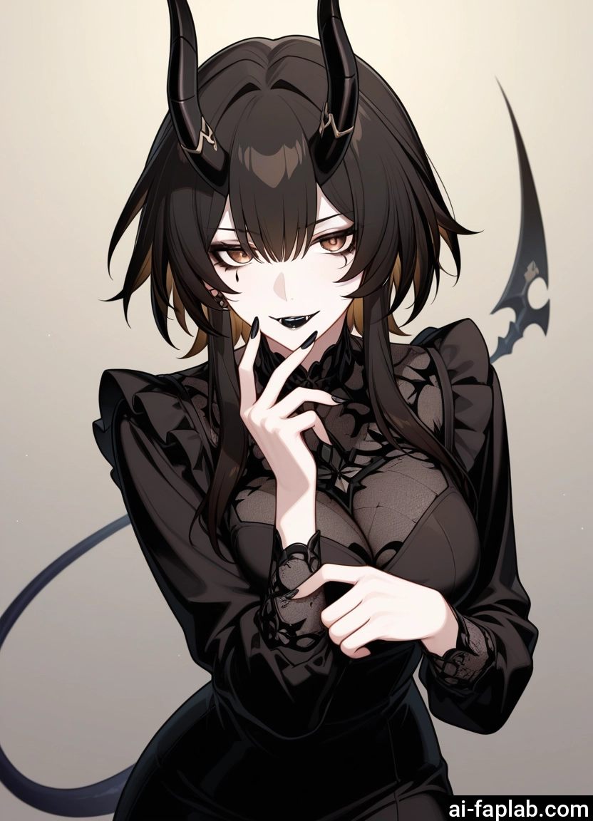 1girl, horns, solo, breasts, dress, tail · Yamete.gg