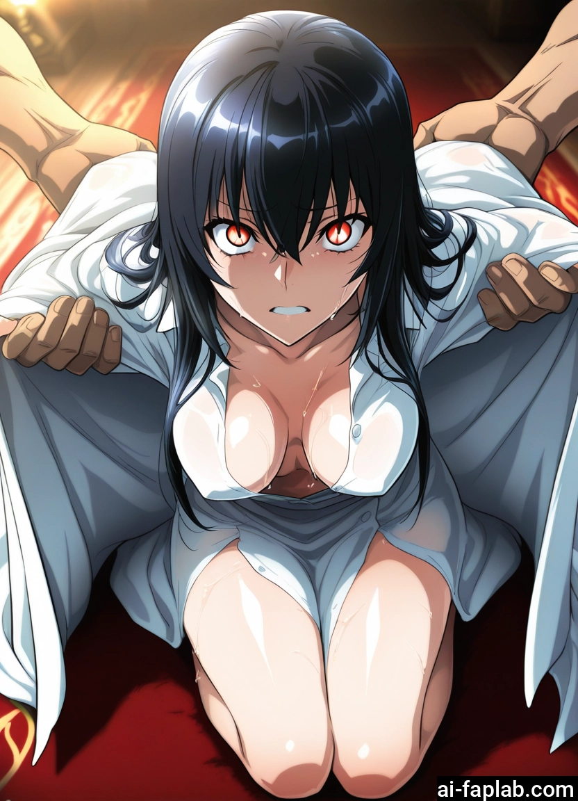 1girl, breasts, black hair, long hair, shirt, looking at viewer