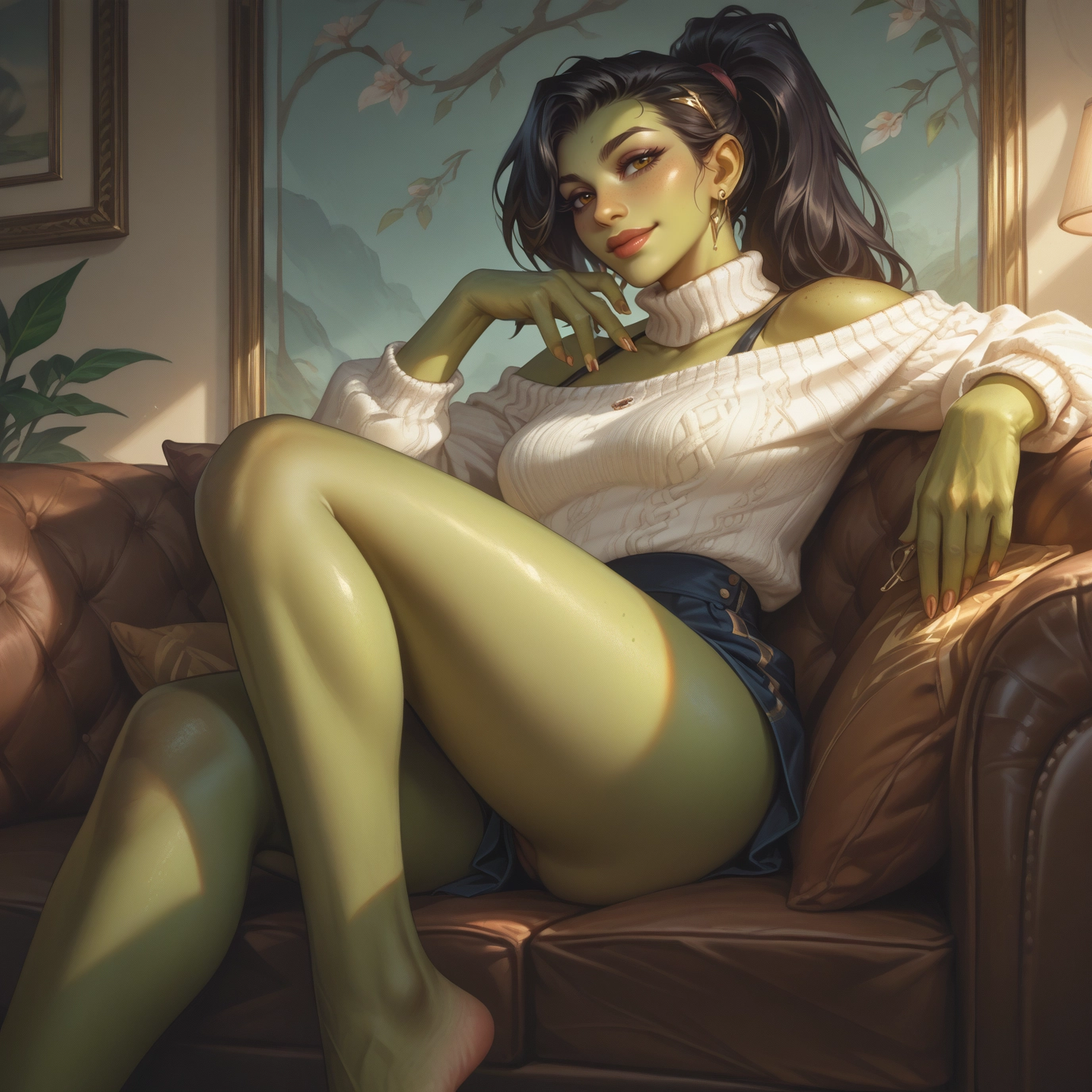 1girl, solo, colored skin, sweater, jewelry, green skin · Yamete.gg