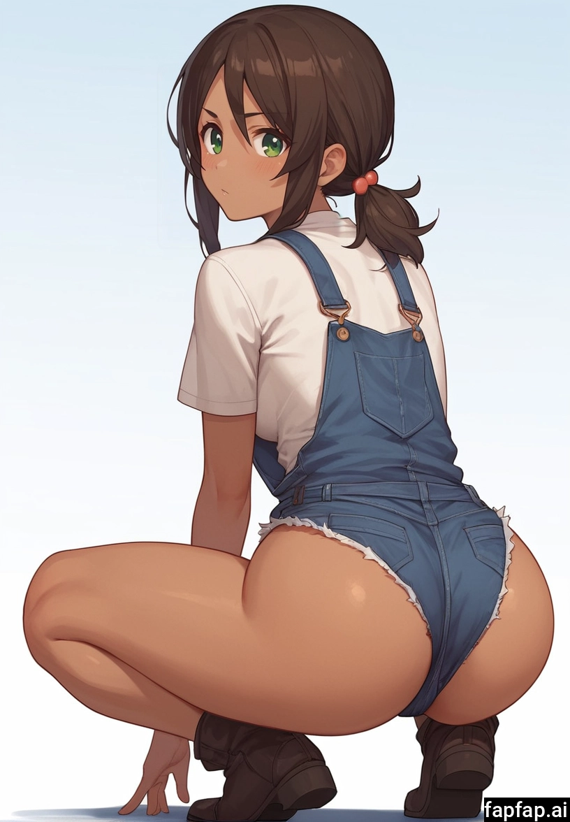 1girl, solo, ass, green eyes, dark skin, brown hair