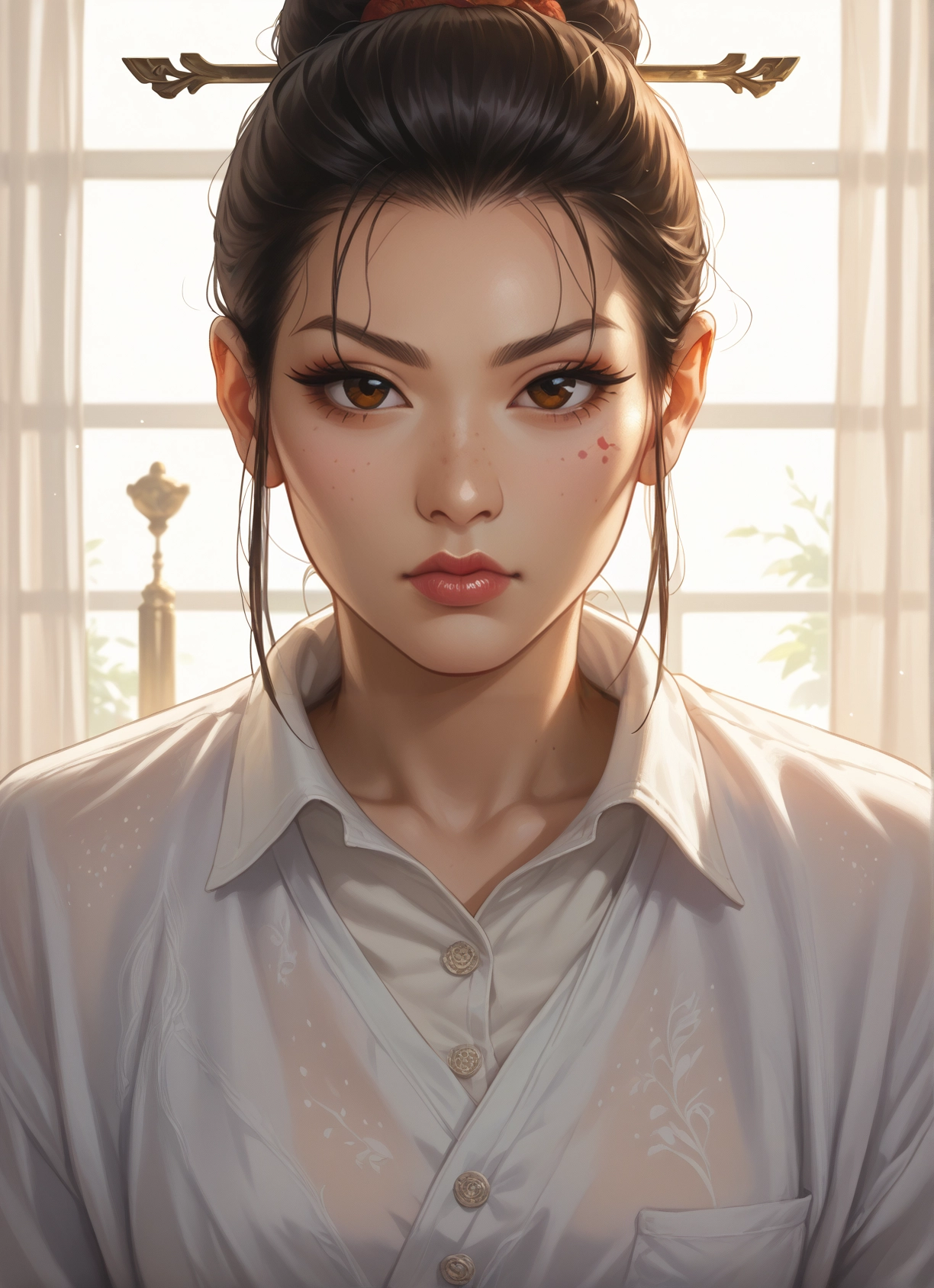 1girl, solo, shirt, hair ornament, freckles, brown eyes · Yamete.gg