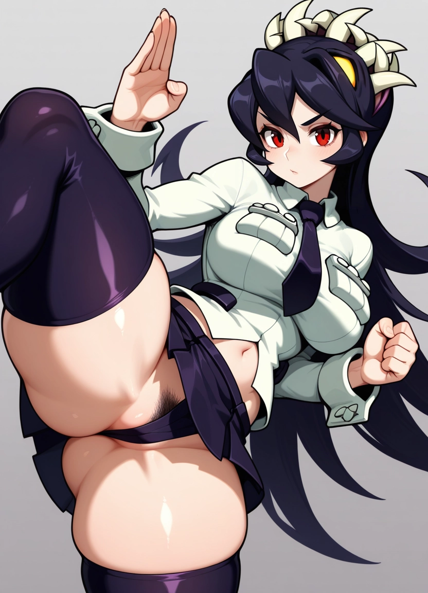 1girl, filia (skullgirls), breasts, red eyes, solo, thighhighs · Yamete.gg