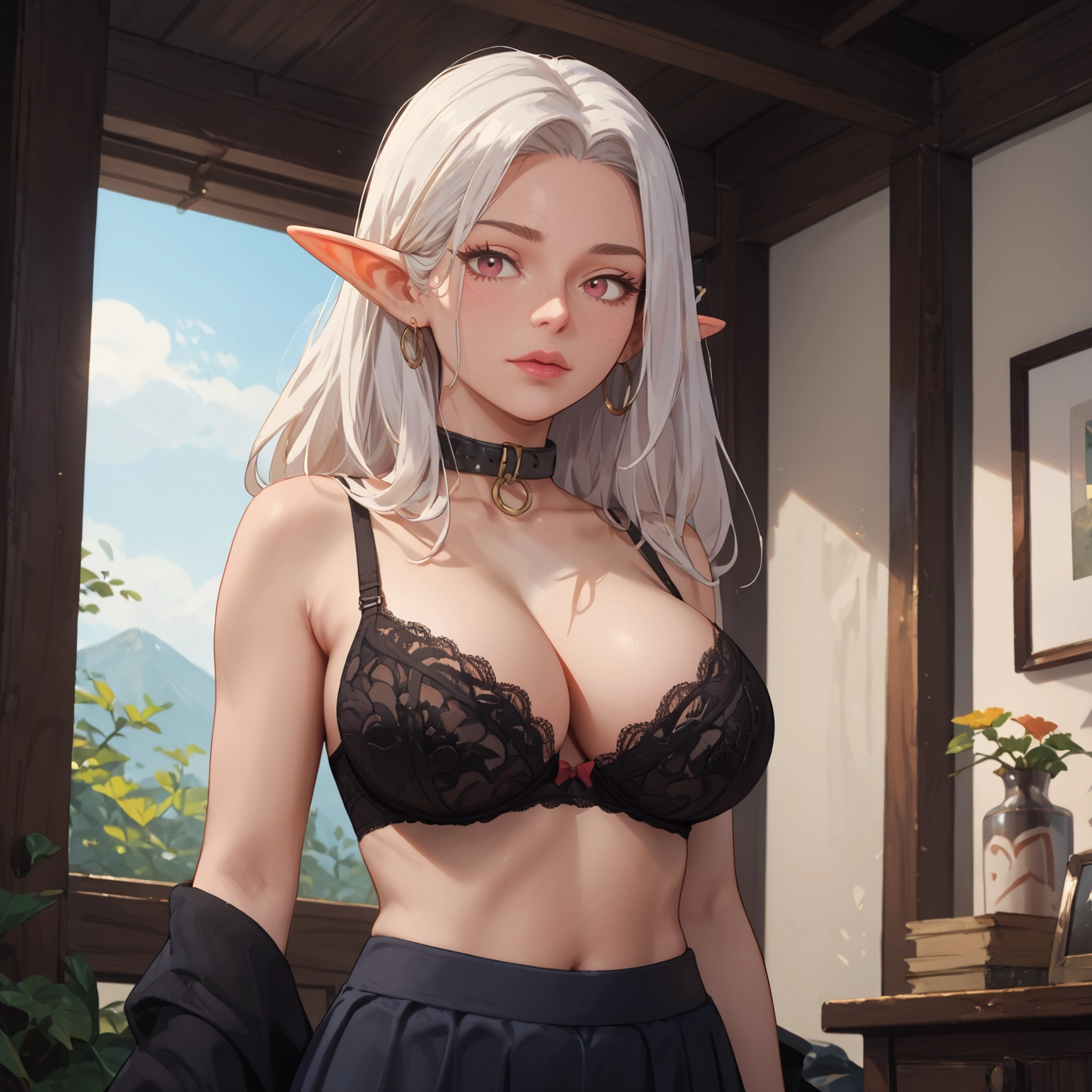 1girl, breasts, pointy ears, underwear, bra, earrings · Yamete.gg