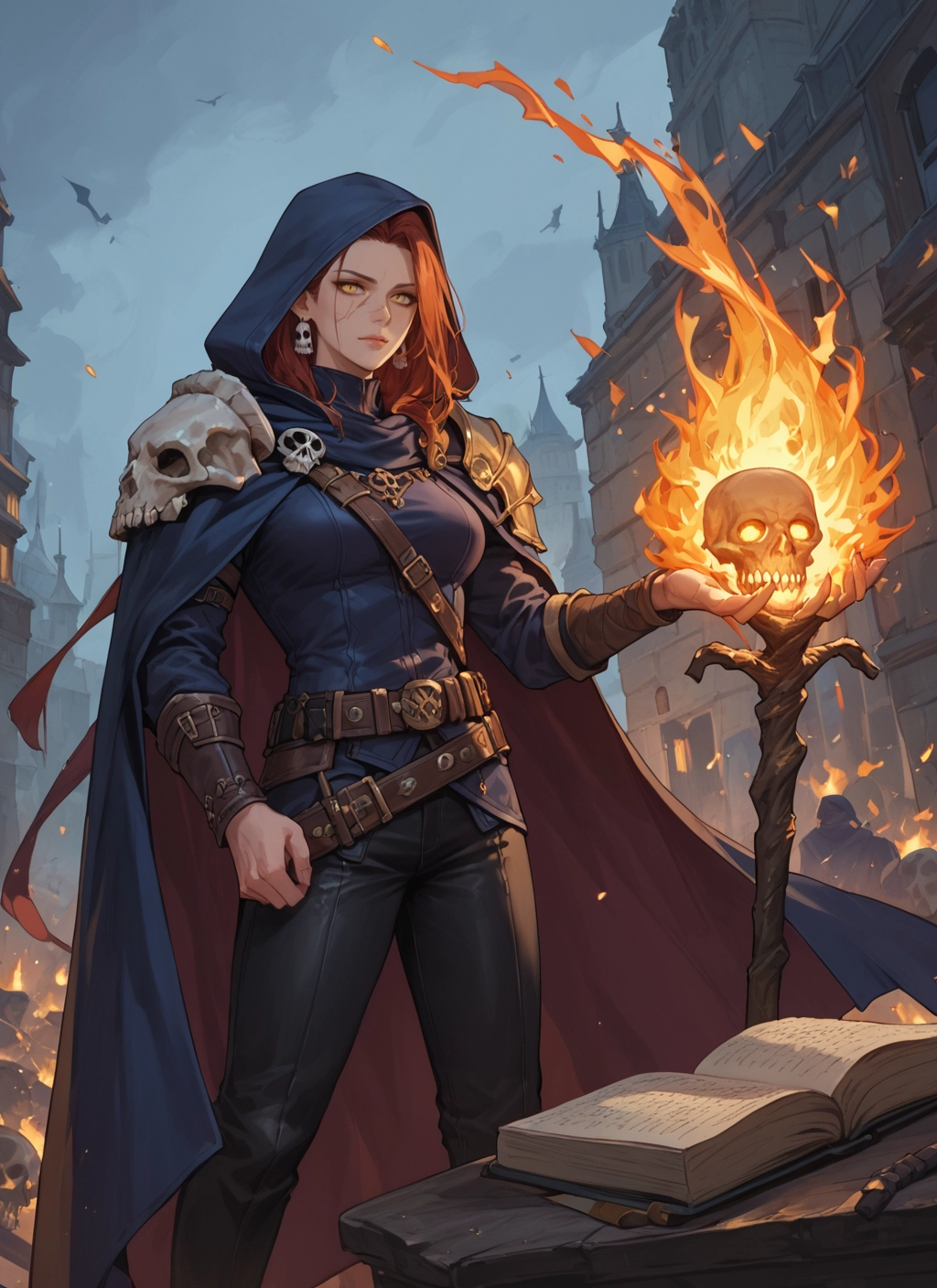1girl, book, jewelry, fire, earrings, skull · Yamete.gg