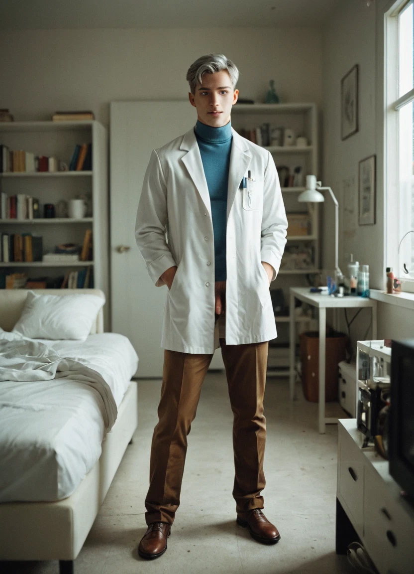 1boy, male focus, solo, indoors, lab coat, brown pants