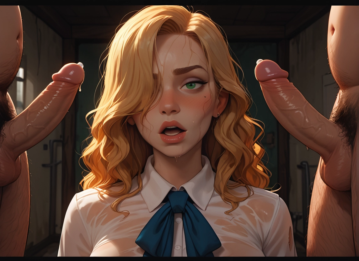 1girl, multiple boys, penis, blonde hair, green eyes, multiple penises · Yamete.gg
